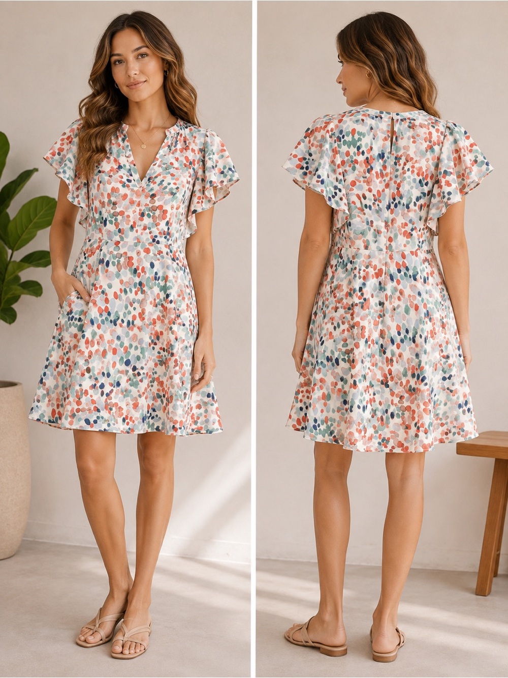 Maeve Multicolor Flutter-Sleeve V-Neck Dress
